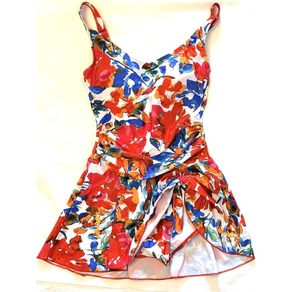 Aidonger One Piece Swim Dress Womens SMALL Tummy Control Skirt Floral Ruched - Picture 8 of 10
